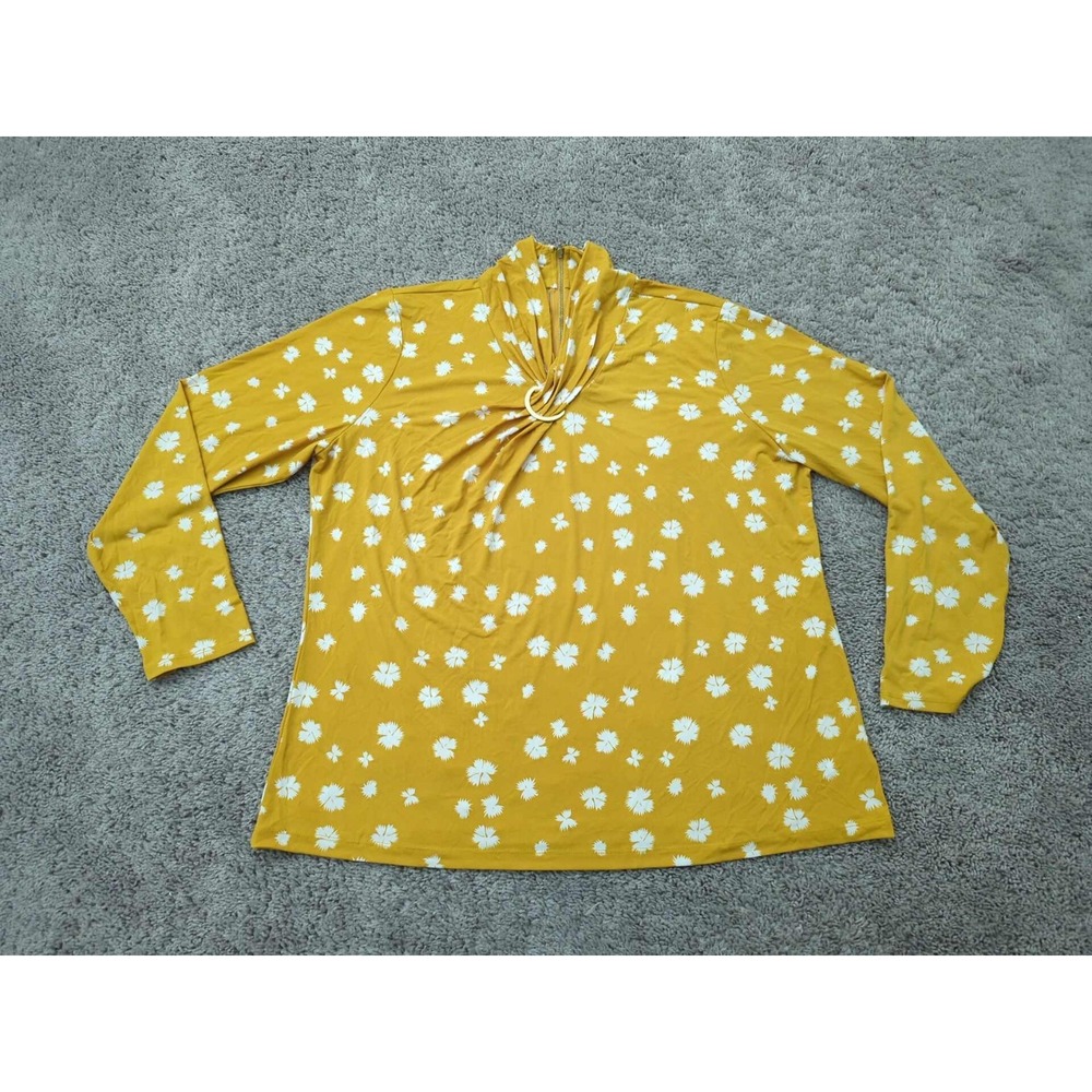 Liz Claiborne Top Womens XXL Yellow Floral Gathered Neckline Ring Detail